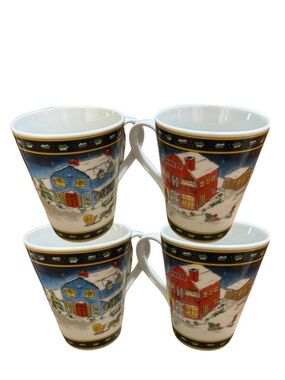 American Atelier Winter Village Porcelain Mugs – Set of 4 – Christmas 5053